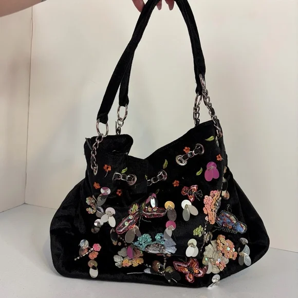 Y2K Black Velvet Sequin Butterfly Shoulder Bag Floral Beaded Boho Purse vintage - Picture 2 of 14